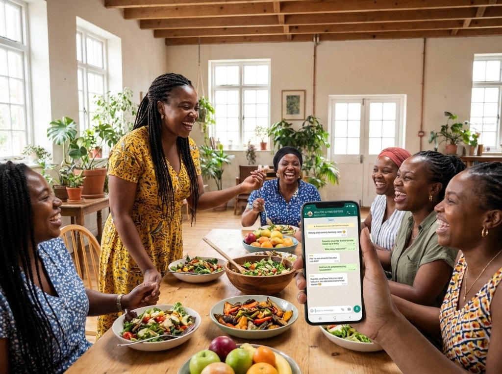 Women gathered around a healthy shared meal, with a phone in the foreground showing the Healthy Living Sisters WhatsApp group chat
