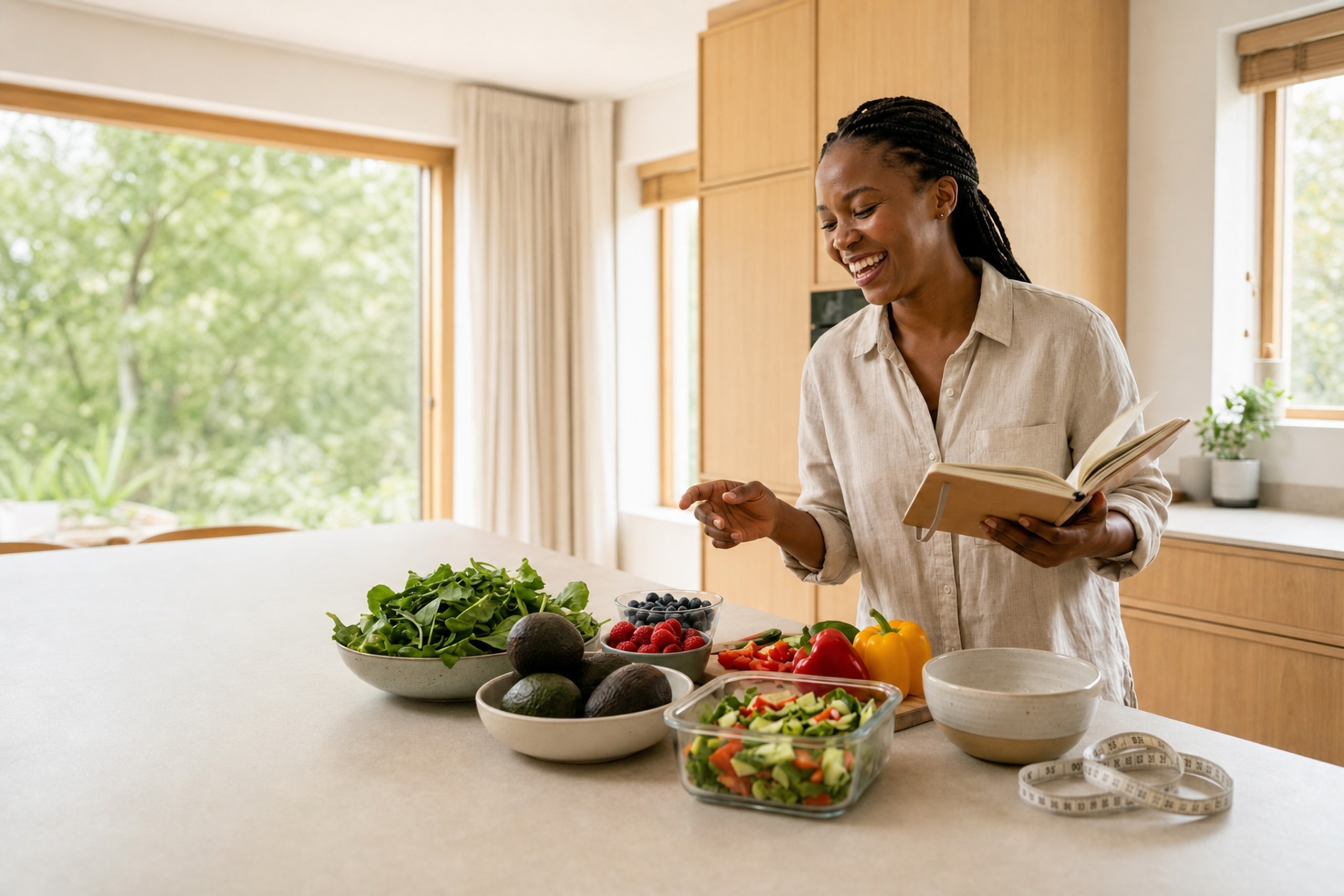 Wellness coach preparing fresh, nourishing food in a bright kitchen