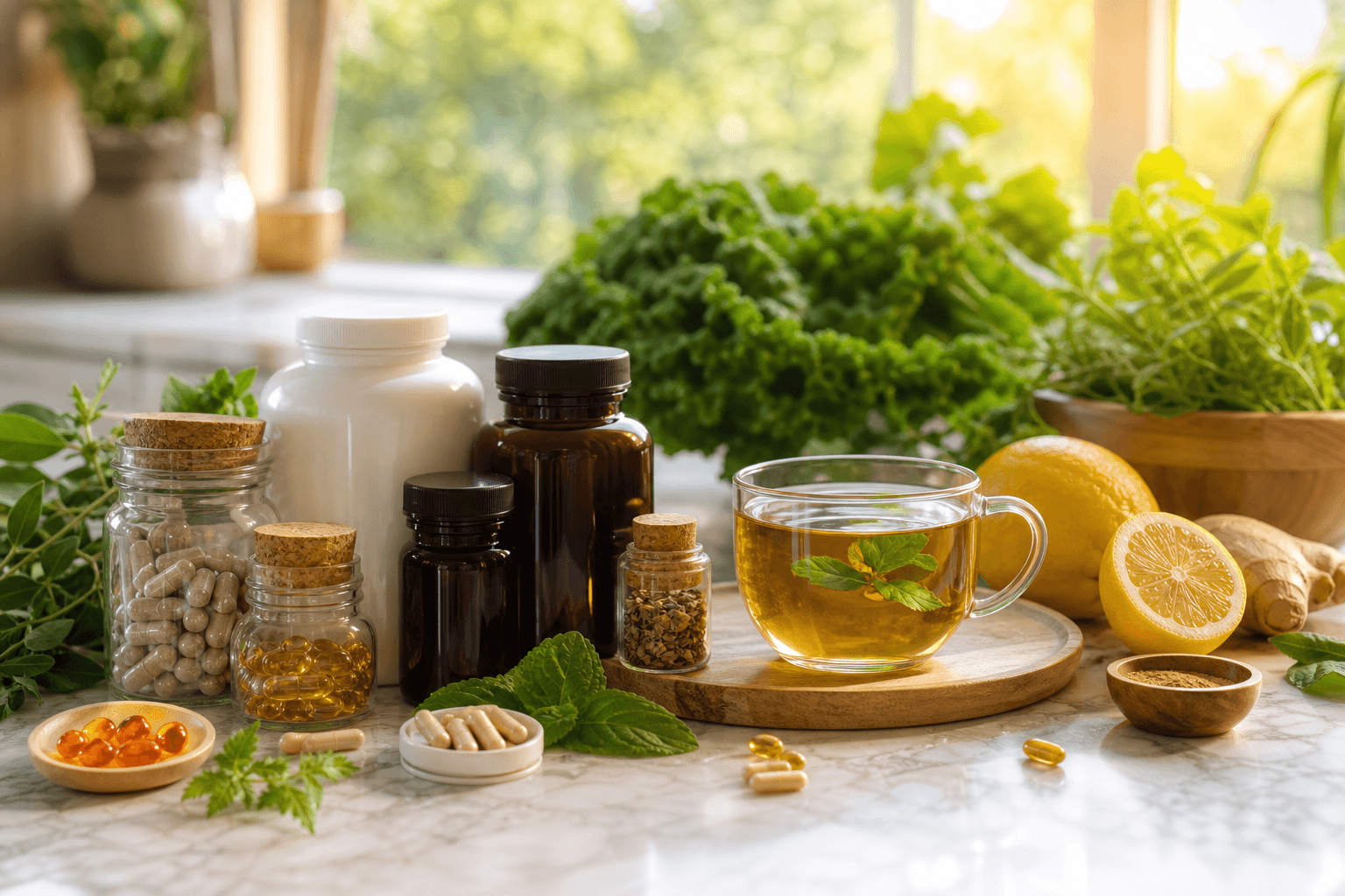 Wellness products on a bright kitchen counter